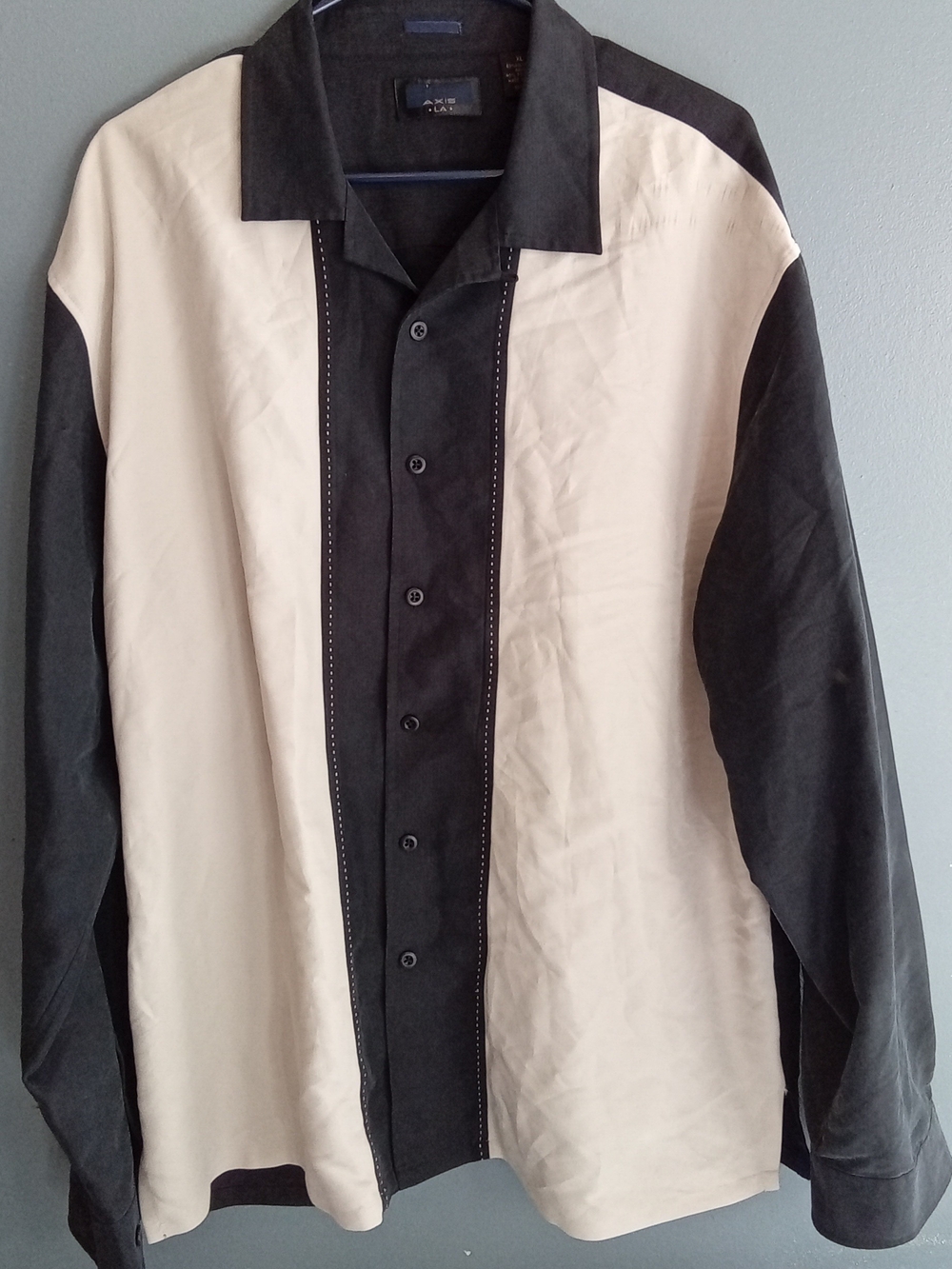 Axis LA Mens XL Bowling Shirt Long Sleeve Color Block Black Cream Retro Camp